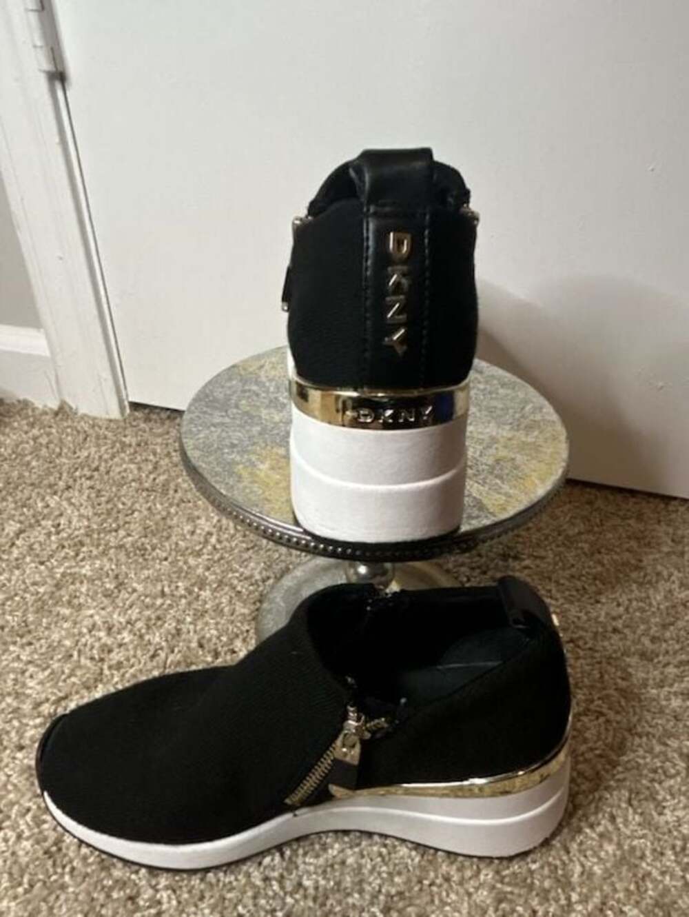 DKNY Black Knit Wedge Sneakers with Side Zip - Picture 3 of 11